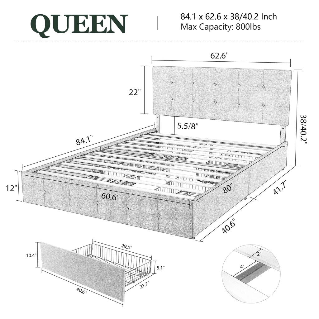 Queen Size Platform Bed Frame with Headboard and 4 Storage Drawers L286
