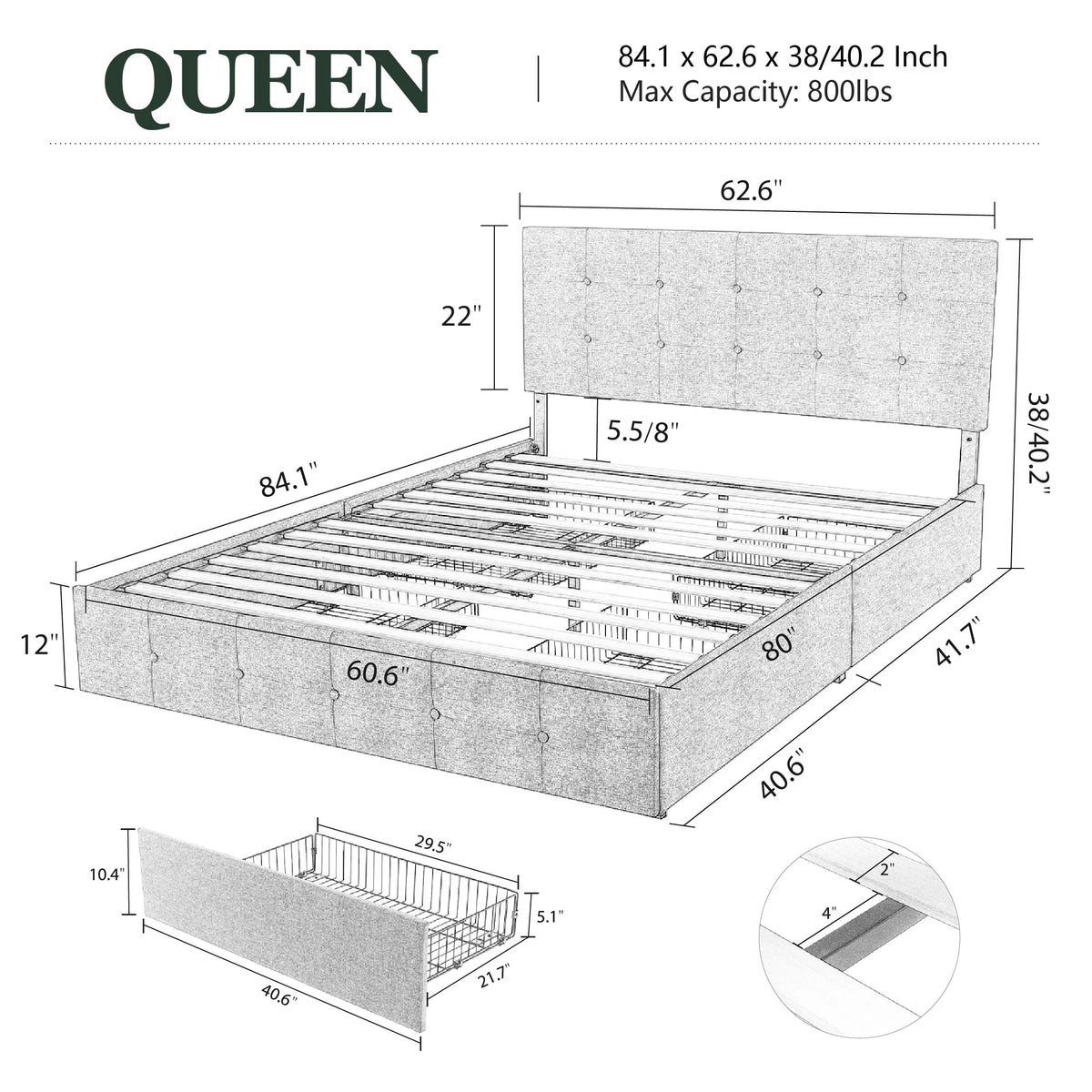 Queen Size Platform Bed Frame with Headboard and 4 Storage Drawers L286