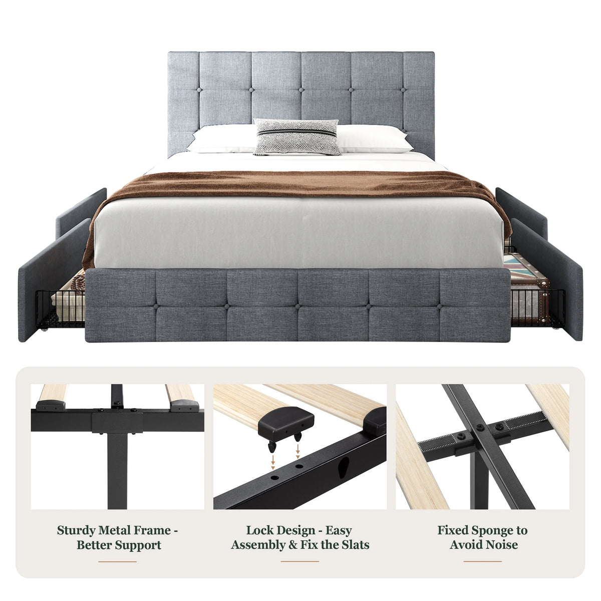 Queen Size Platform Bed Frame with Headboard and 4 Storage Drawers L286