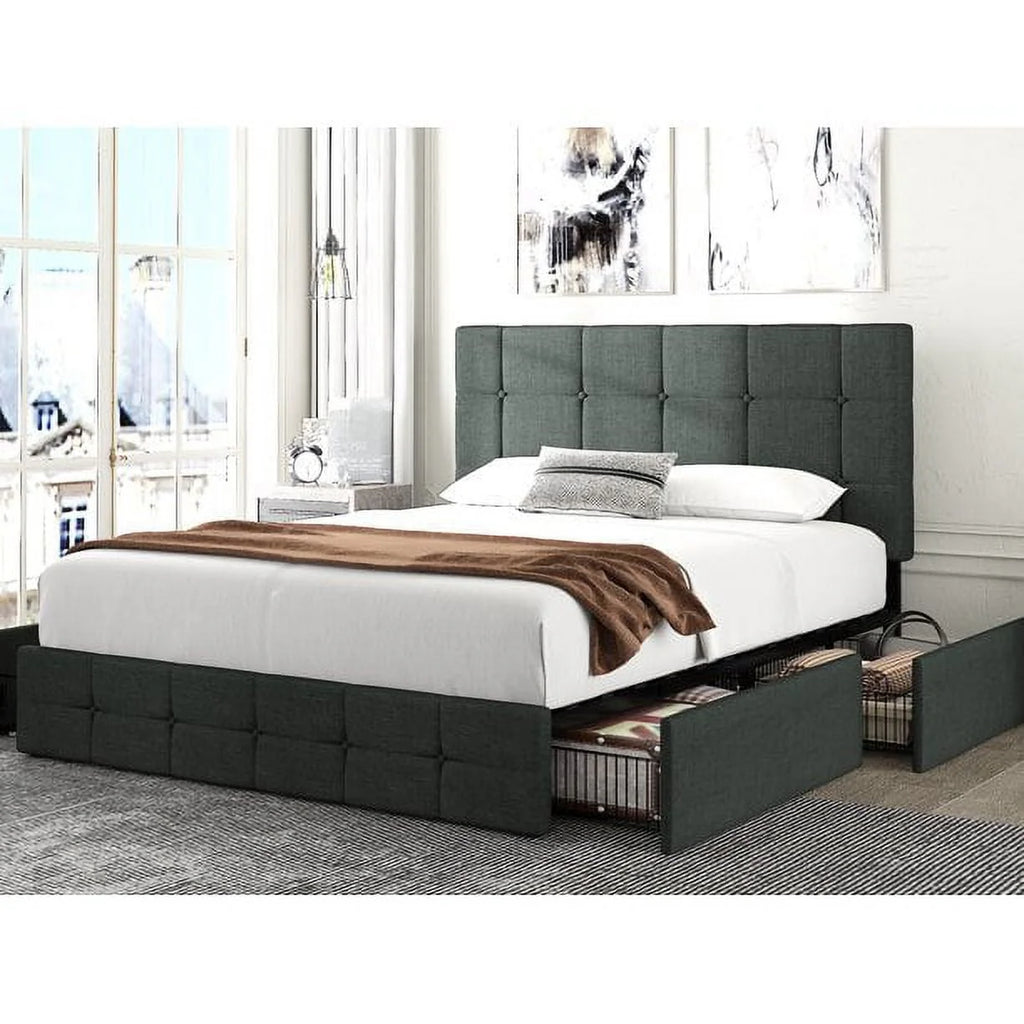 Queen Size Platform Bed Frame with Headboard and 4 Storage Drawers L286