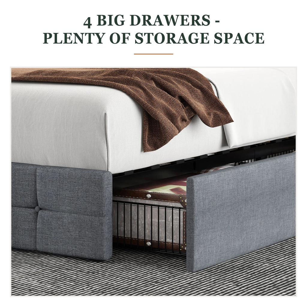 Queen Size Platform Bed Frame with Headboard and 4 Storage Drawers L286