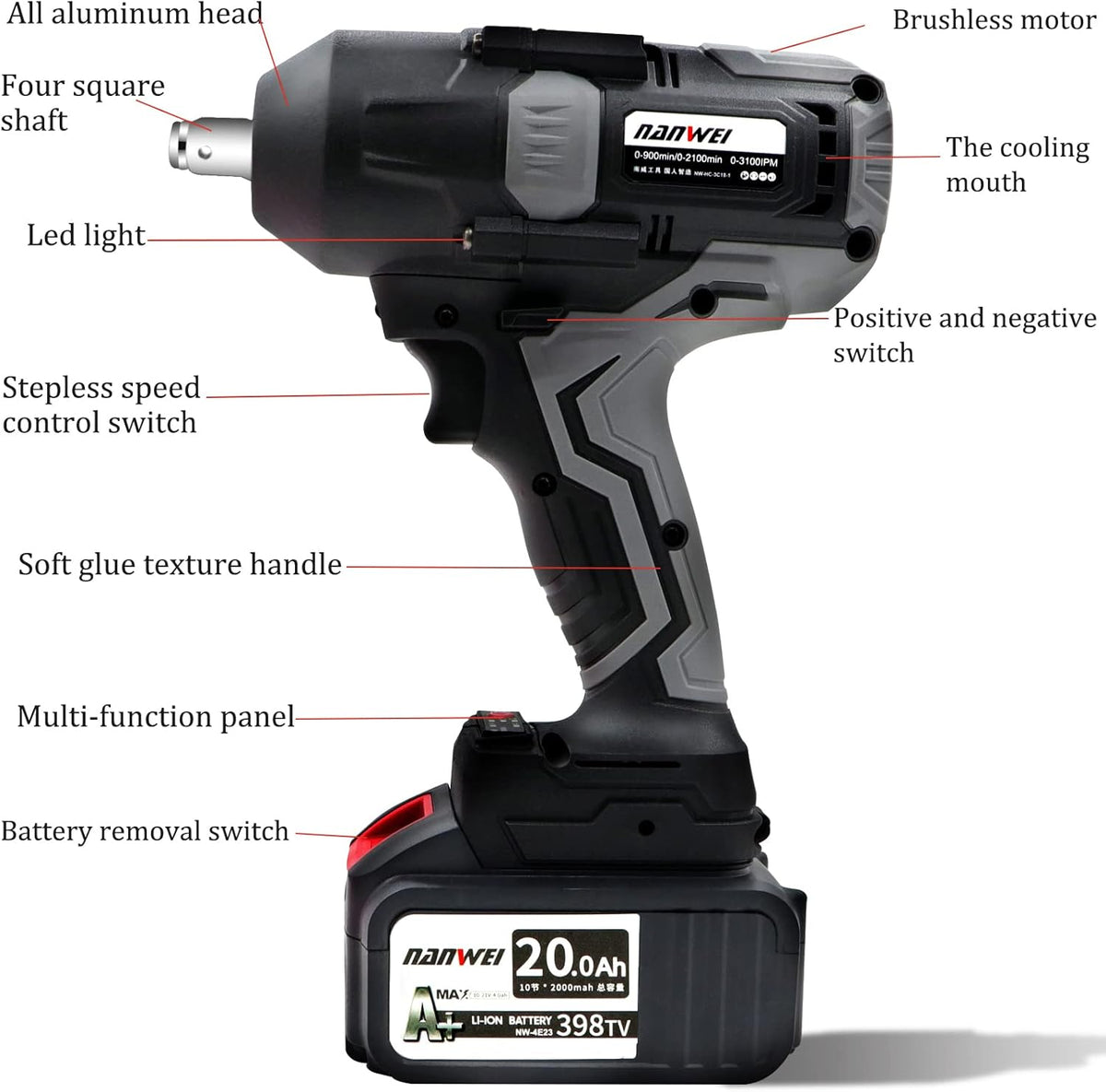 1/2-inch Brushless Impact Wrench with Detent Pin Anvil, 2 Battery 4.0A Li-ion, 600N N86776