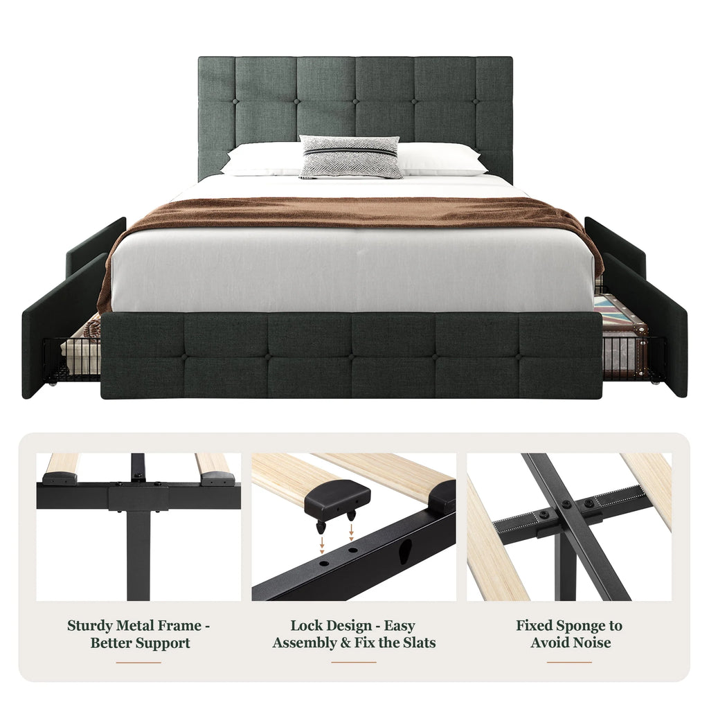 Queen Size Platform Bed Frame with Headboard and 4 Storage Drawers L286