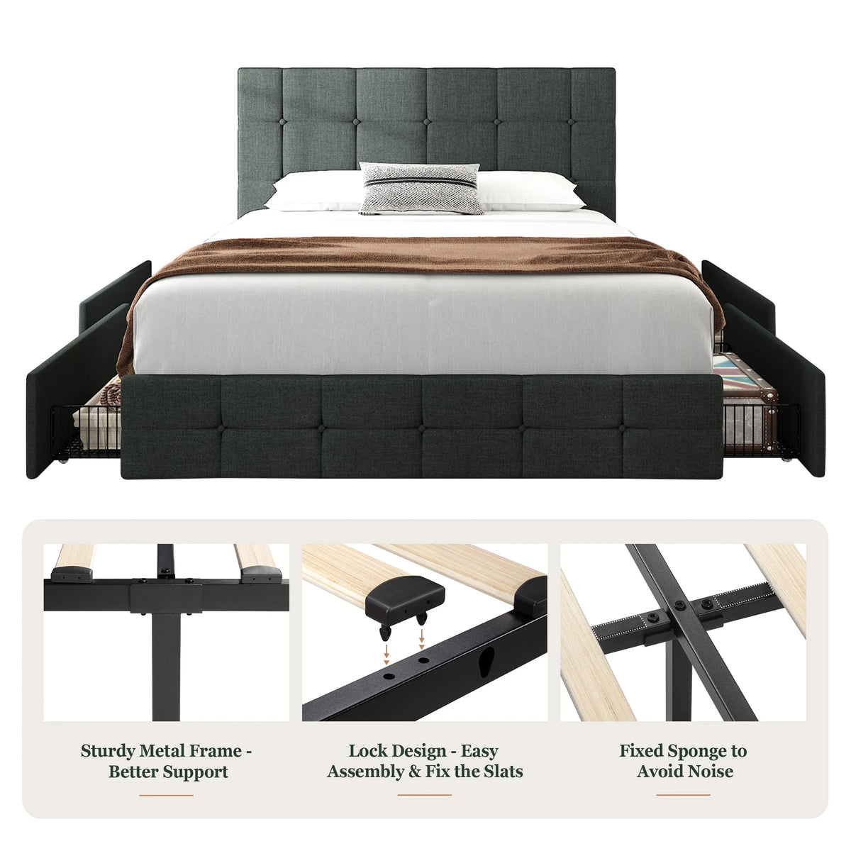 Queen Size Platform Bed Frame with Headboard and 4 Storage Drawers L286