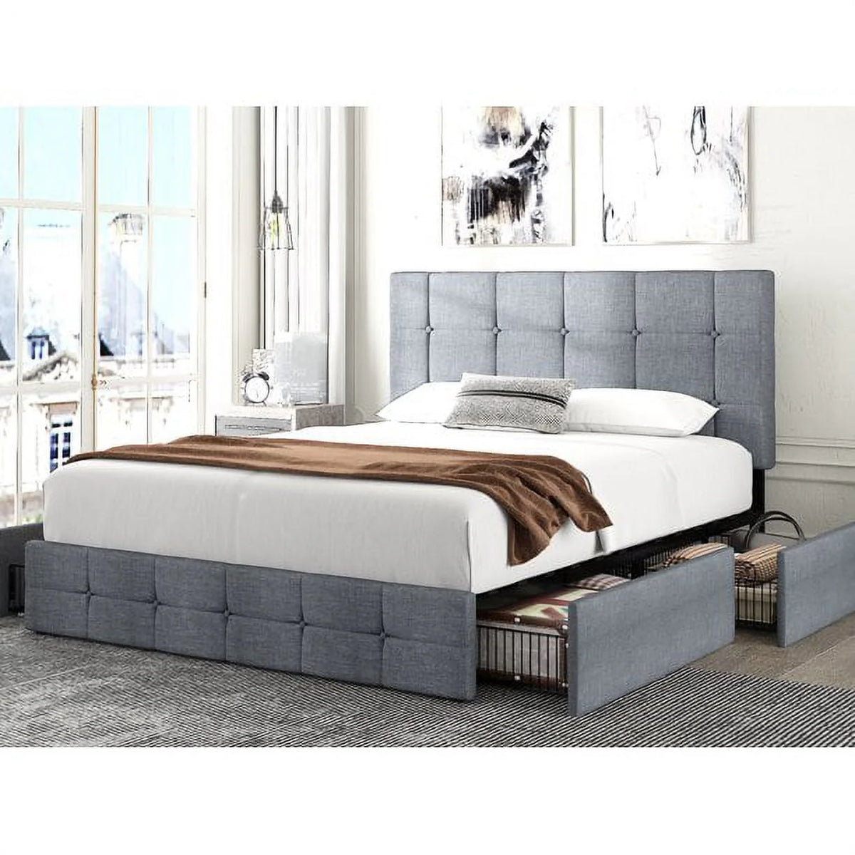 Queen Size Platform Bed Frame with Headboard and 4 Storage Drawers L286