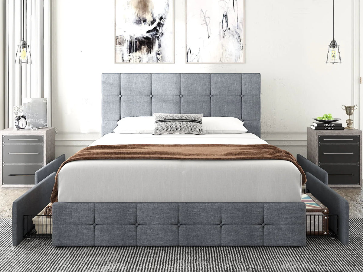 Queen Size Platform Bed Frame with Headboard and 4 Storage Drawers L286